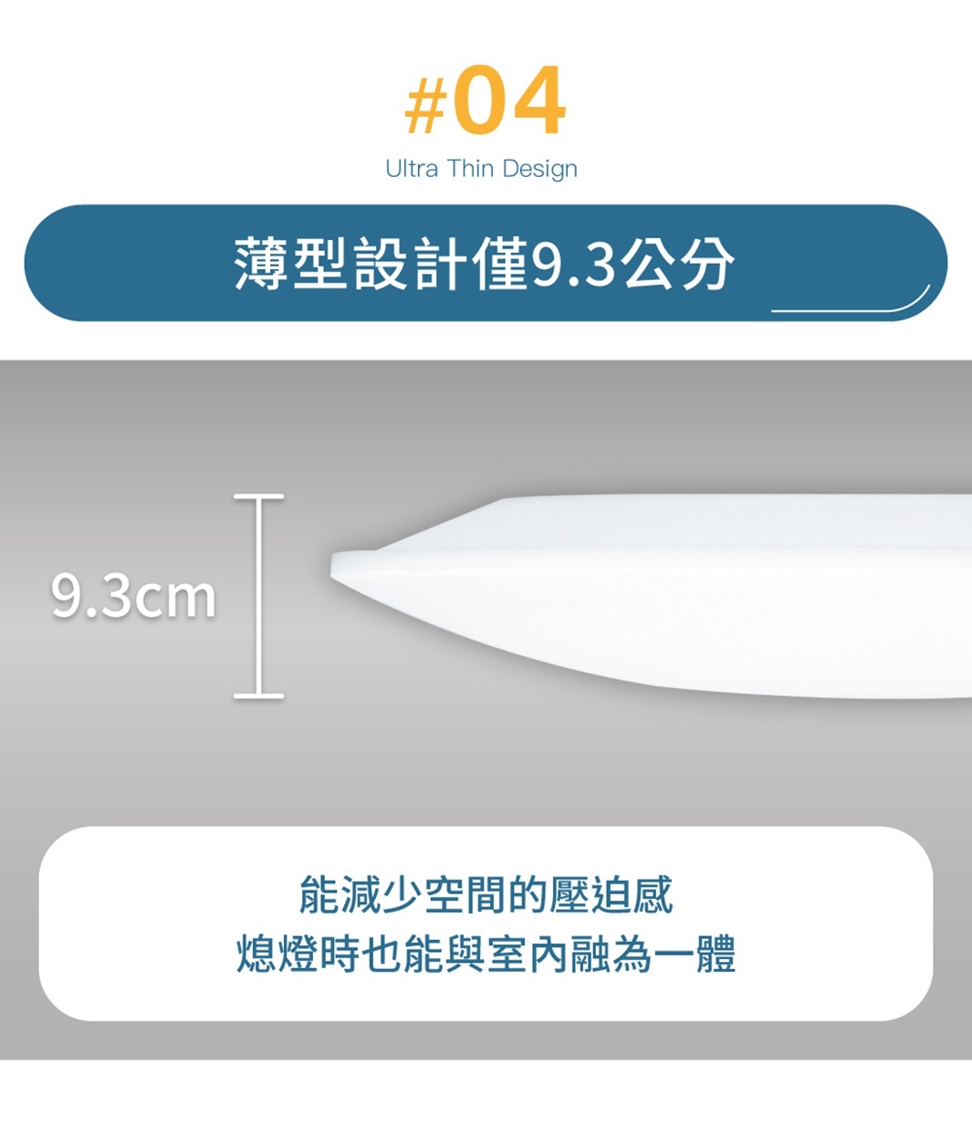 LED圓盤吸頂燈側面特寫，顯示厚度為9.3公分，燈體為白色，設計簡潔。