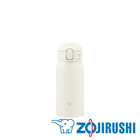 奶油色不鏽鋼一體式中栓彈蓋式真空保溫保冷杯，配有白色杯蓋和銀色按鈕。杯身光滑，底部印有淺藍色象形圖案Logo。