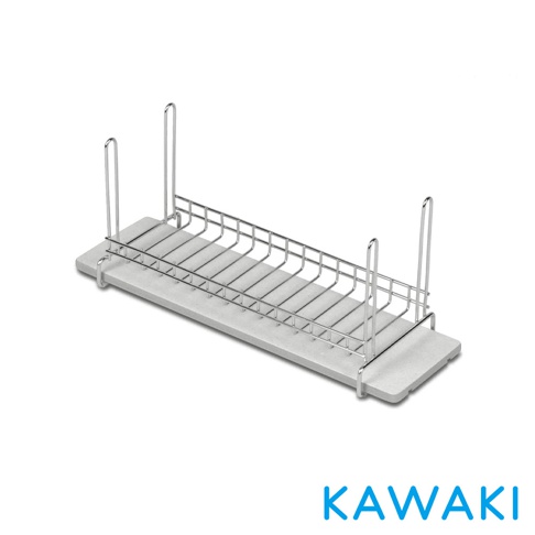 淺灰色珪藻土底座搭配銀色金屬網架，設有兩支較高的金屬立架，用於瀝乾杯子。