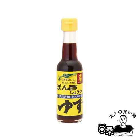 金笛柚子醋醬油 150ml 玻璃瓶裝，瓶身有黃色標籤，印有日文說明與綠色葉子圖案，瓶蓋為黃色。