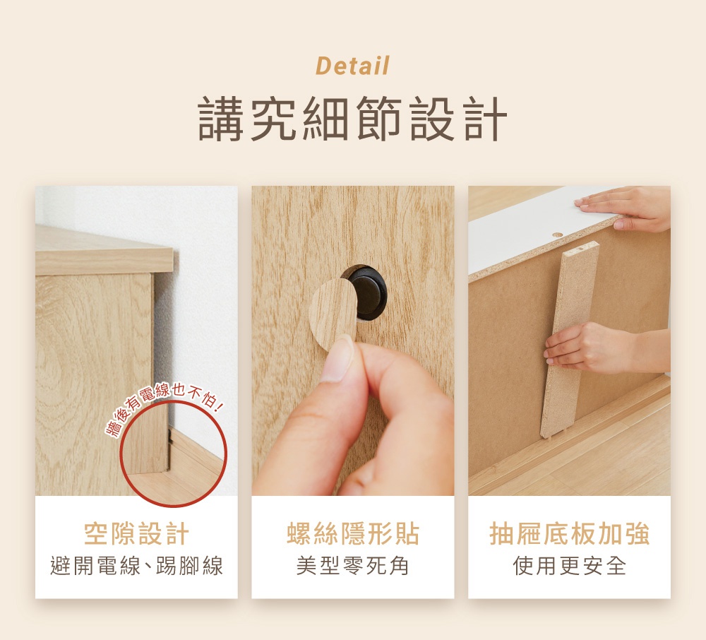 這是一張木製收納櫃的細節設計說明圖，分為三個部分展示：左圖顯示收納櫃背部設有空隙，能避開牆面踢腳線及電線；中圖展示以木紋貼片隱藏螺絲孔，提升整體美觀；右圖則展示在抽屜底部加裝強化支撐條，確保使用安全。