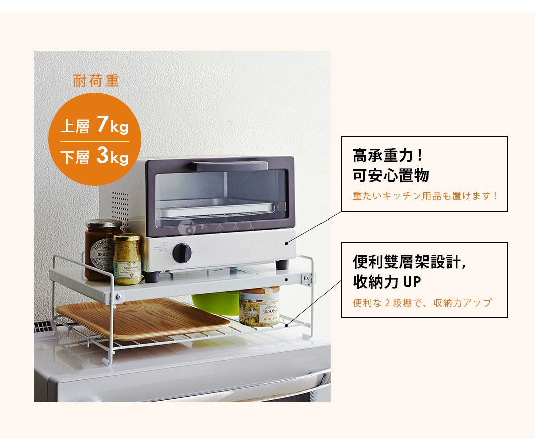 白色雙層廚房收納架放置在微波爐上方，上方層架擺放烤箱與玻璃罐，下方層架則置放木質托盤與容器。圖中標示上層耐重七公斤、下層耐重三公斤，強調高承重力與便利的雙層架設計，可有效增加廚房收納空間。