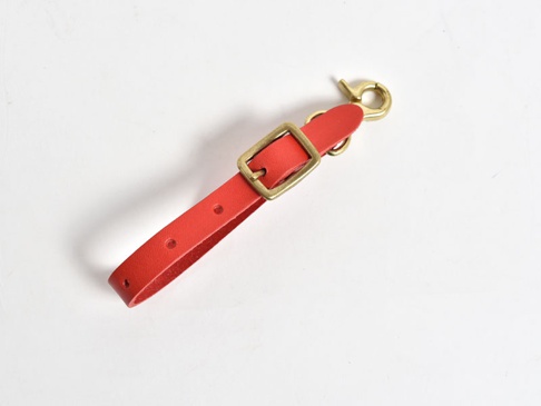 紅色皮革製成、可調節長度的吊掛帶，配有黃銅色金屬扣環及調節扣。