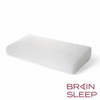 白色網狀材質的長方形腦眠科技枕，質地輕盈，帶有品牌的標誌。