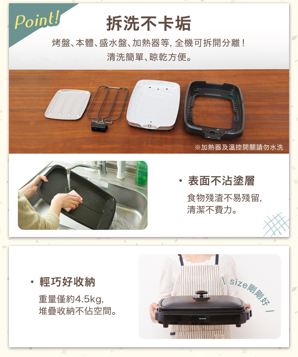 烤網風電烤盤 APA-136 黑色，由烤盤、加熱器、底座三部分組成，展示了其可拆卸的設計，方便清洗。