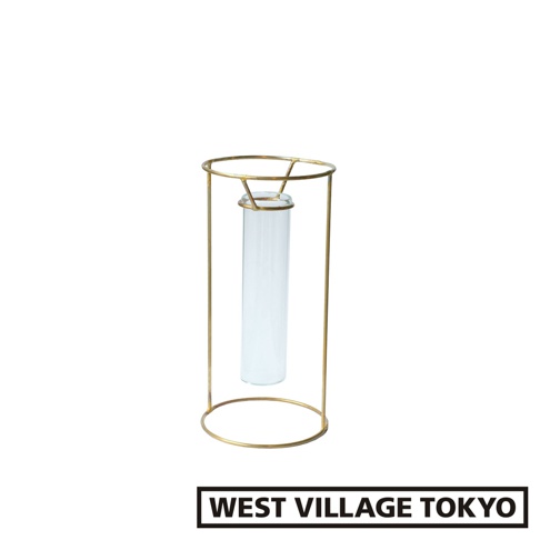 黃銅金屬支架搭配透明圓柱形玻璃試管花器，簡約現代設計。