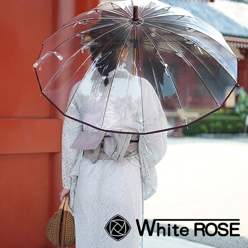 一位穿著日式和服的女性，手持一把透明傘，傘骨為樺木材質，傘緣為深紅色，傘面上有細緻的十六夜櫻圖案。