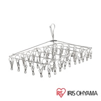 不鏽鋼曬衣架，帶有 50 個銀色不鏽鋼曬衣夾，呈方形結構，頂部有掛鉤。