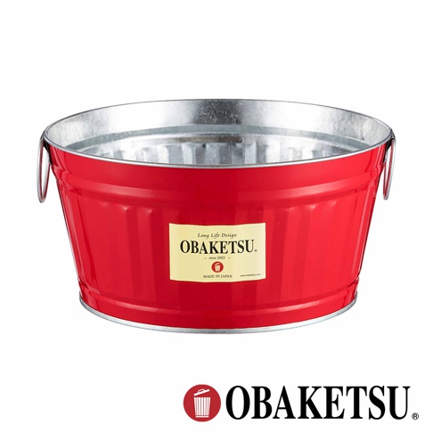 OBAKETSU 標誌的紅色迷你金屬桶，標有「Long Life Design」、「OBАКETSU」、「since 1923」、「MADE IN JAPAN」字樣。