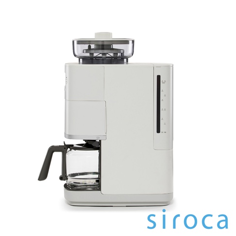 SC-C2510 siroca 石臼式全自動研磨咖啡機，機身為淺灰色，配備透明研磨槽和玻璃咖啡壺，側面有水位指示刻度。
