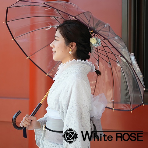 一位身穿白色蕾絲和服的女士，手持一把職人高級樺木透明傘，傘面為透明材質，傘骨為黑色，傘柄為彎曲的深棕色樺木。