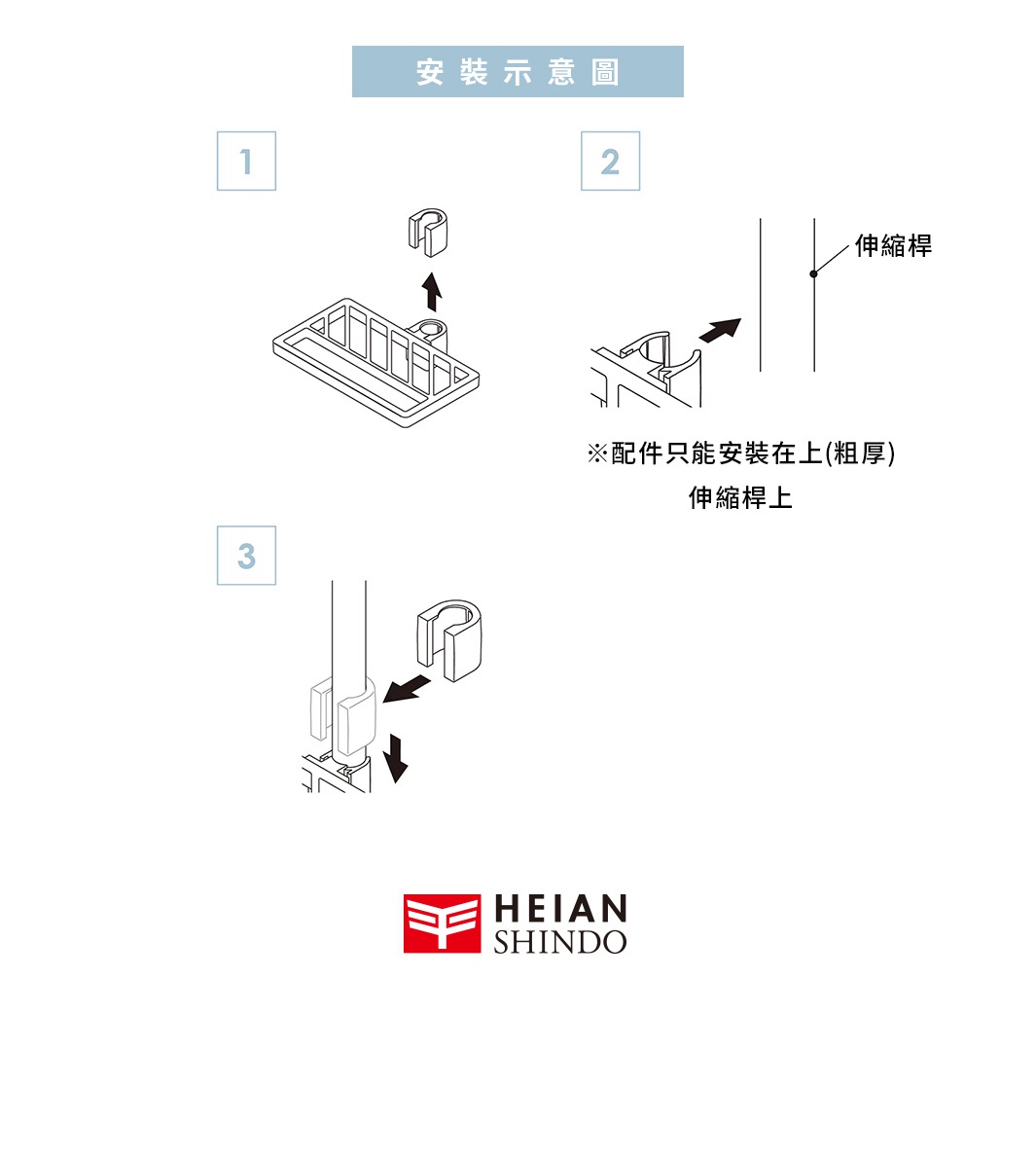 安裝示意圖，包含瀝水托盤、夾具及伸縮桿安裝說明，下方有「HEIAN SHINDO」Logo。