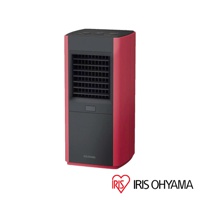 紅黑色直立式陶瓷電暖器，頂部有控制面板，前方有大面積黑色網狀出風口和下方的黑色面板，面板上有IRIS OHYAMA品牌字樣。