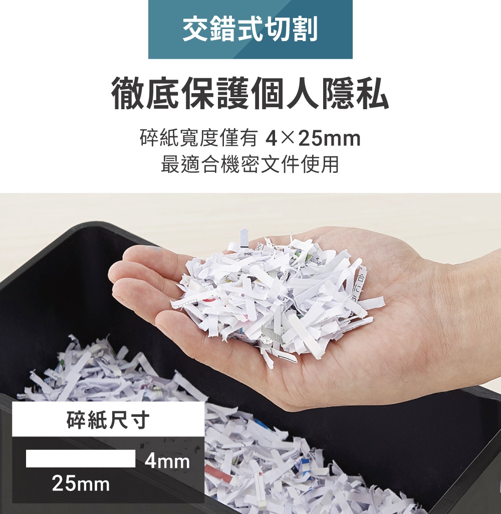 碎紙機中堆滿了被切成細條的紙張，左手掌心捧著一把細碎的紙屑，下方黑色碎紙桶內也已裝有大量碎紙，左下方標示碎紙尺寸為 25mm 及 4mm。
