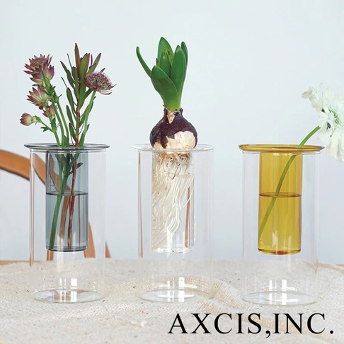 AXCIS 雙層可拆玻璃花瓶，展示三種不同的植物，左側為粉紫色花束，中間為風信子球莖，右側為白色花朵。