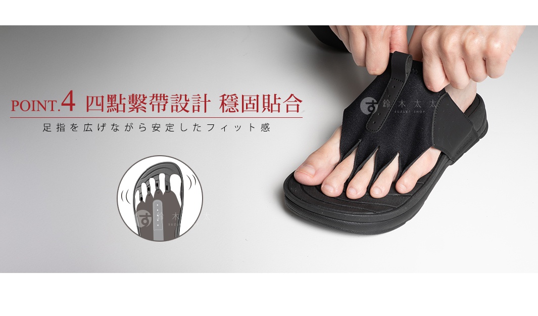 圖片展示了一雙 AKAISHI 五指放鬆伸展拖鞋，以特寫視角呈現穿著者的腳部穿入黑色拖鞋的過程，強調四點繫帶的設計能穩定包覆並自然撐開足趾。左下角圓形示意圖顯示拖鞋內部結構如何分開五個趾頭以達到舒適的伸展效果，整體設計強調穩固貼合與足部健康。