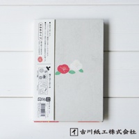 淺灰色和紙御朱印帳，封面印有紅色與白色的山茶花圖案，左側有日文說明文字與相關圖示。