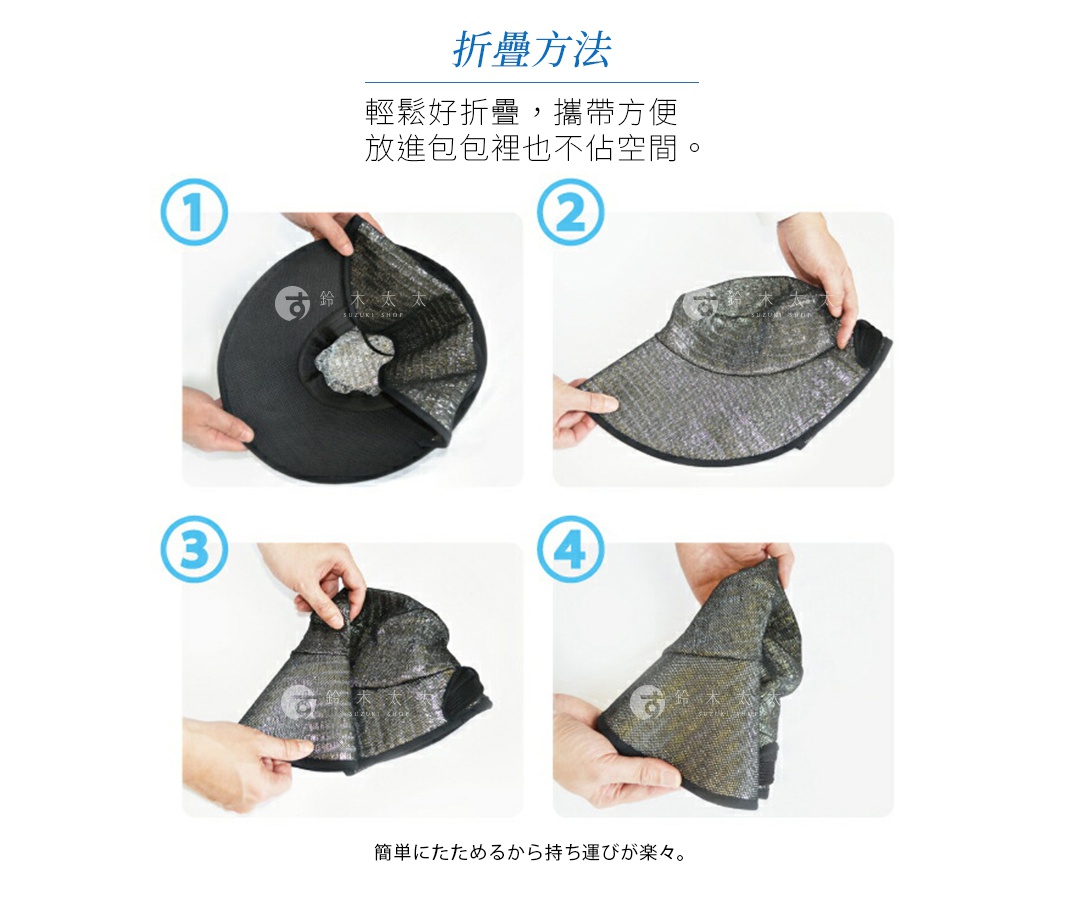 折疊方法教學圖示，將一頂黑灰色遮陽帽由攤開狀態，透過兩手操作，依序透過四個步驟將帽子對折並捲起，呈現出這款帽子可輕鬆折疊收納、方便隨身攜帶的特性，適合放入包包而不佔空間。
