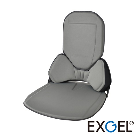 灰色汽車用輕薄背靠坐墊，包含座墊和可調節的背部支撐，材質為網布和 PU 皮革，整體設計符合人體工學。