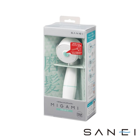 MIGAMI 兩段式水流專髮按摩蓮蓬頭標準款，白色機身搭配淺藍色繫，蓮蓬頭為圓形，設有綠色出水孔，包裝盒上印有產品名稱及日文說明。
