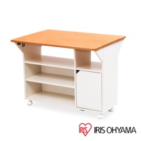 四層置物收納推車，上方為木紋桌面，下方為白色櫃體，設有三層開放式層架及一扇白色門板，底部配備輪子，方便移動。