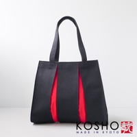 京都職人手作ougi棉帆布扇形托特包，黑色帆布搭配紅色內襯，簡約設計，附有兩條黑色提把。