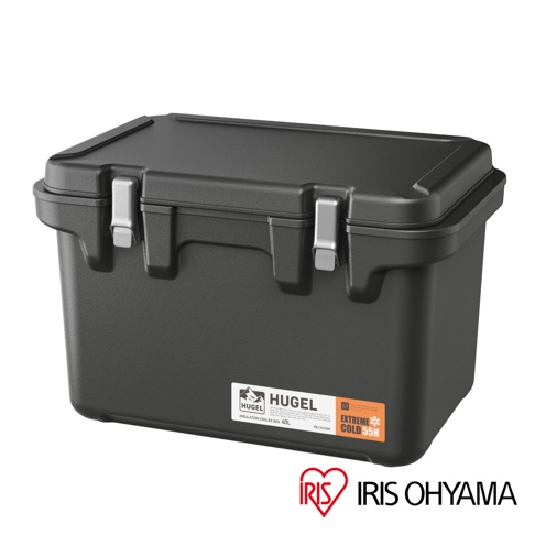 HUGEL 黑色 40L 真空隔熱冰桶，採用堅固的塑膠材質，設有兩個銀色鎖扣和產品標籤。