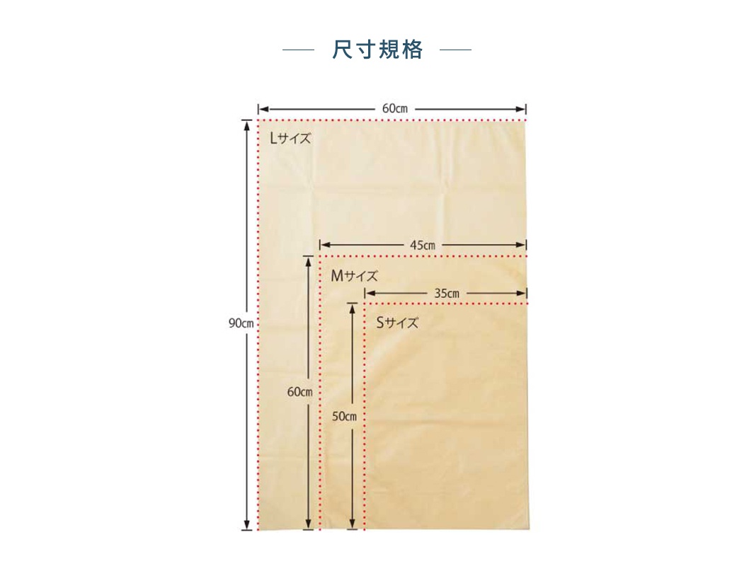 淺黃色調的檜木薰衣草香氛衣物防塵套，展示尺寸規格，L尺寸為90x60公分，M尺寸為60x45公分，S尺寸為50x35公分。
