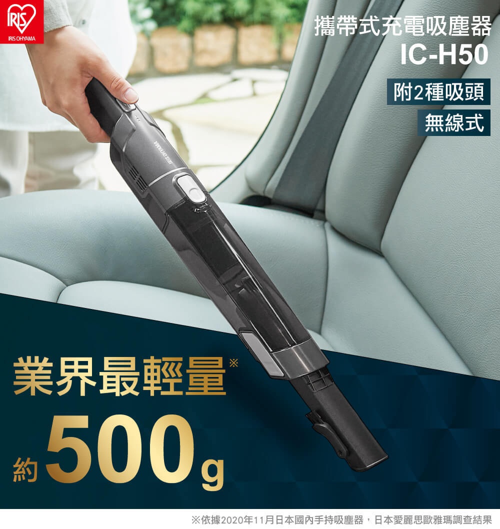 一支深灰色塑膠材質的無線手持充電吸塵器，機身印有「IRIS OHYAMA」字樣，置於汽車座椅上。