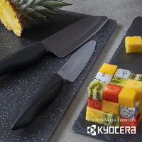 兩把黑色精密陶瓷刀，一把較大，一把較小，刀刃呈銀色。旁邊擺放著切塊的鳳梨和色彩繽紛的水果塊。