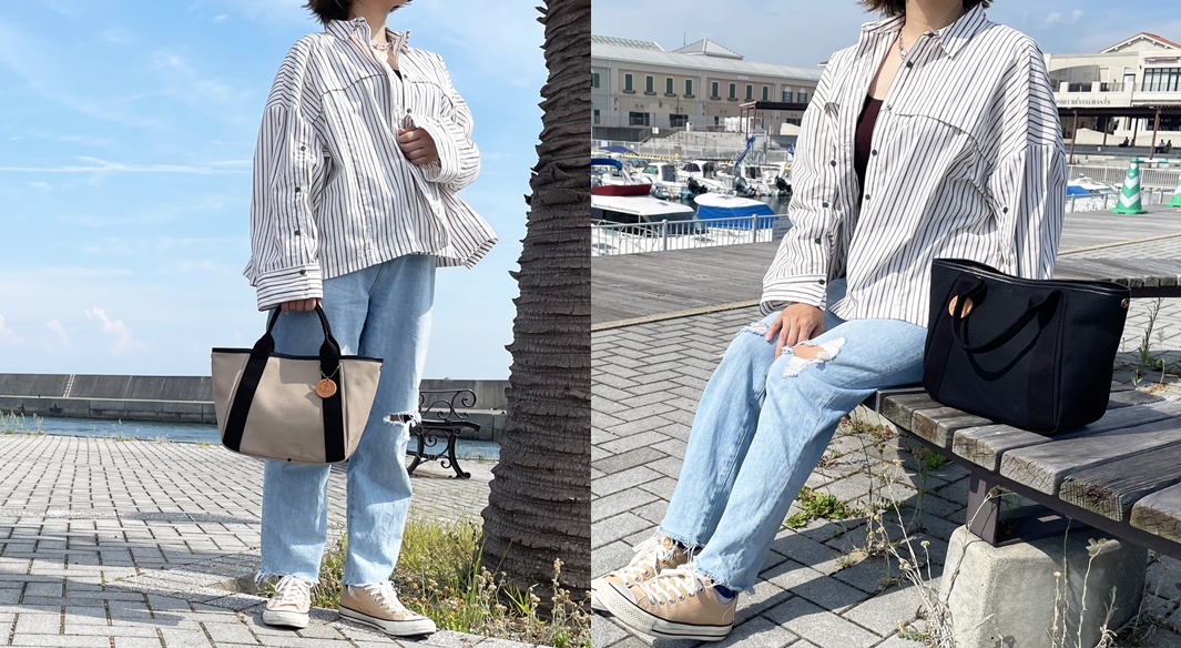 一款帆布多口袋手提托特包，圖片展示了卡其色和黑色兩款。卡其色包包有黑色提把和裝飾，包身掛有圓形吊飾。黑色包包有黑色提把，整體簡潔。