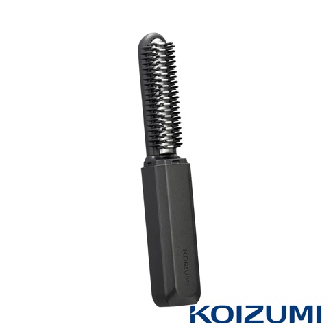 黑色迷你瀏海梳，梳頭部分為銀色，手柄部分為黑色，上面有KOIZUMI的品牌標誌。