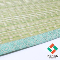水洗PP榻榻米風格地墊，以淺綠色與白色交織的編織紋理為主體，邊緣飾有淺藍色幾何圖案滾邊，展現日式簡約風格。