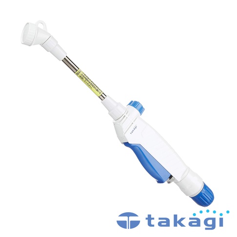 白色和藍色的短灑水噴嘴，帶有金屬延長管和可調節噴頭。