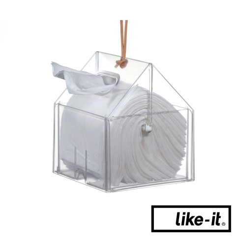 透明壓克力小屋造型衛生紙盒，內含捲筒式衛生紙，頂部有皮革掛繩。