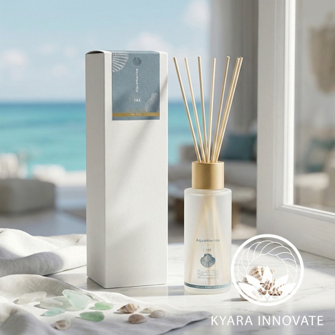 KYARA INNOVATE Aquamarine 室內擴香竹，擺放在陽光灑落的桌面上，搭配海邊風景背景，營造清新度假氛圍。