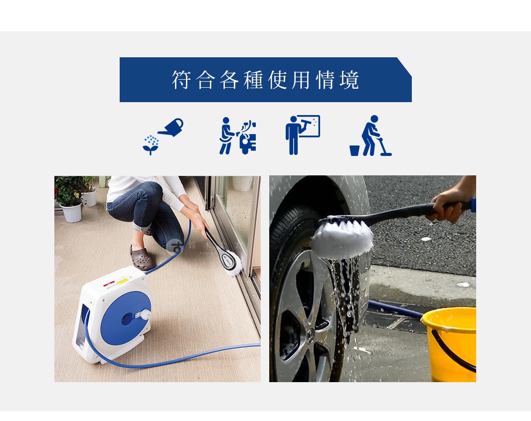 兩個圖示和圖像展示了單鍵式洗車刷的多種用途，包括澆水、清潔汽車、擦拭窗戶和拖地。左側的圖像顯示一個人正在使用帶有捲軸的軟管清潔門廊。右側的圖像顯示一個人正在用刷子清潔汽車的輪圈。