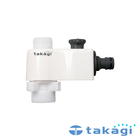 白色塑料材質的Takagi洗衣機分水轉接頭，主體呈現L型結構，上方設有白色螺紋接口與深灰色調節旋鈕，右側為圓柱狀的快速接頭，設計簡約實用。