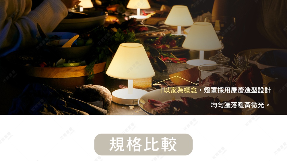 LED T-Light CAFE 傘型造型燈，白色圓形燈座，白色傘狀燈罩，散發暖黃色光線，置於餐桌上，周圍有食物和餐具。