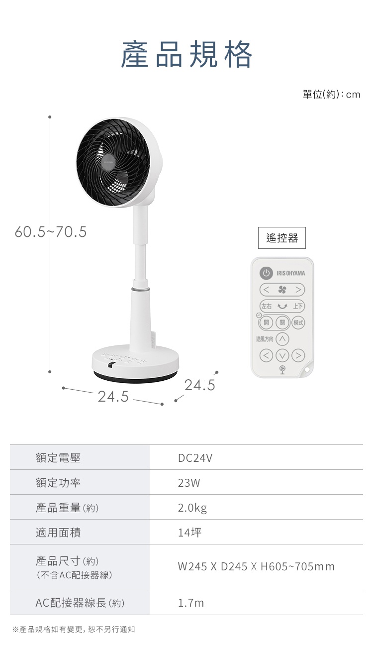 圖片文字：產品規格 單位約cm 額定電壓 DC24V 額定功率 23W 產品重量約 2.0kg 適用面積 14坪 產品尺寸約 不含AC配接器線 W245 X D245 X H605至705mm AC配接器線長約 1.7m 產品規格如有變更恕不另行通知 圖片展示了IRIS OHYAMA直立式空氣循環扇及其遙控器，循環扇高度可調整，並列出了詳細的技術規格參數。
