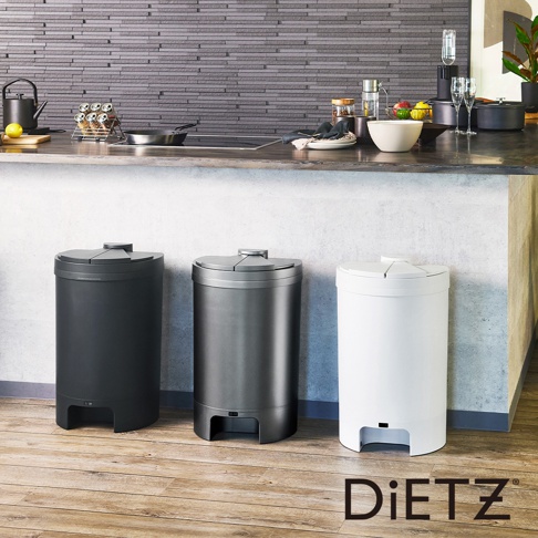 DustBox30 自動感應靜音垃圾桶，共三款顏色：黑色、炭灰色和白色。圓柱形設計，頂部設有感應開蓋裝置。