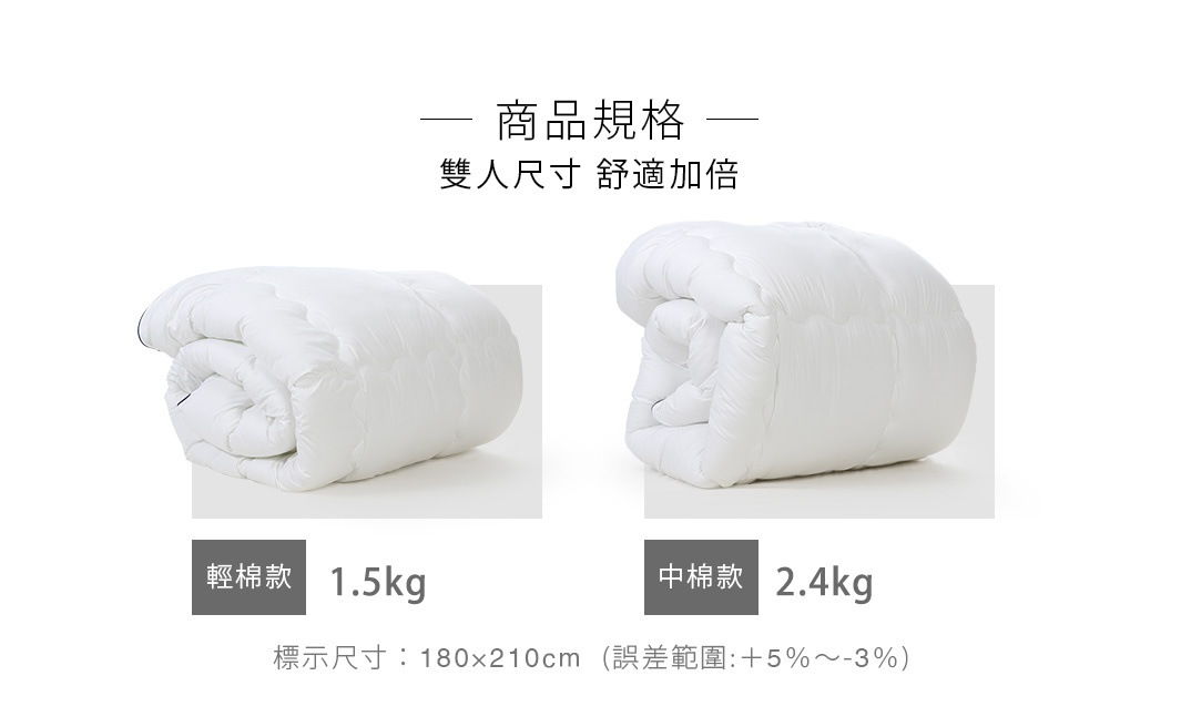                           商品規格
                   
                       雙人尺寸 舒適加倍

             輕棉款                                           中棉款

0.7kg

1.6kg

中棉量

中棉量

重量：1.5kg

重量：2.4kg

標示尺寸：180×210cm  (誤差範圍:+5％～-3％)
