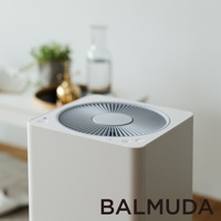 The Pure 空氣清淨機，白色方形機身，頂部設有灰色圓形風扇網罩，網罩中央有品牌標誌。機身側面可見控制按鈕，背景為模糊的室內裝飾。