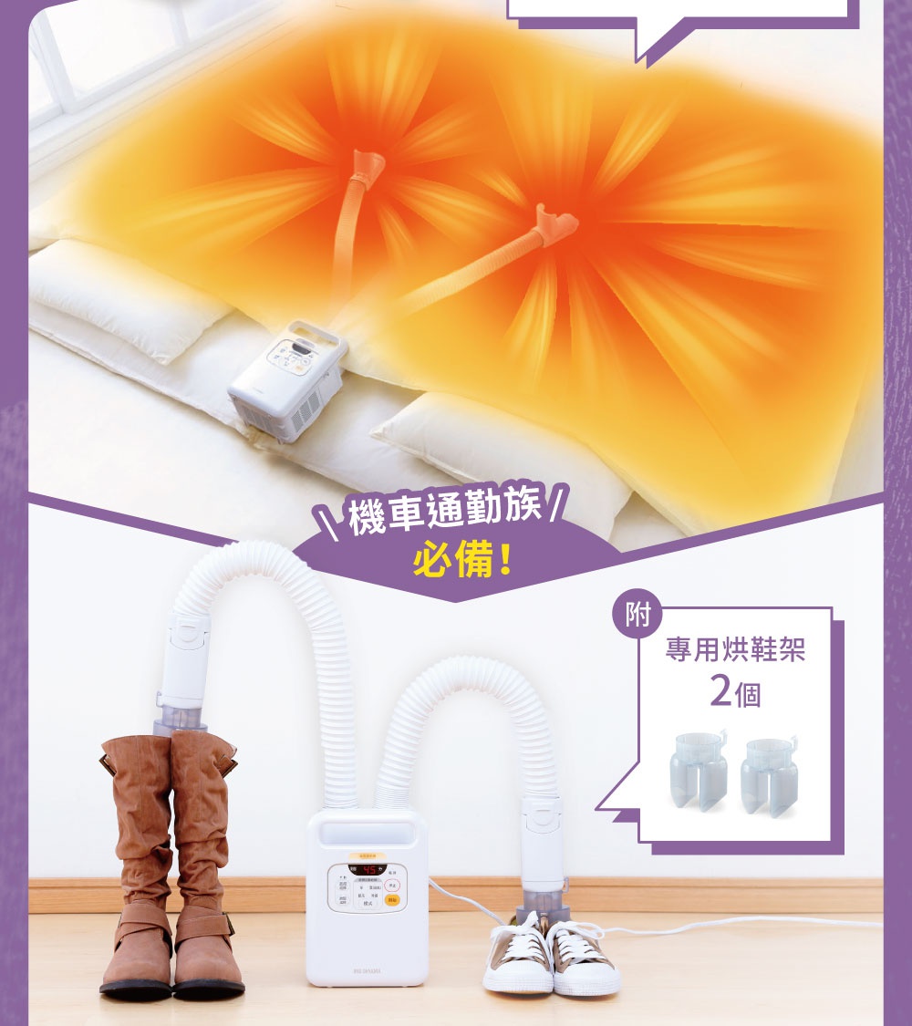 雙筒強力烘被機 FK-W1，白色主機連接兩條白色軟管，分別烘乾一雙棕色靴子和一雙白色運動鞋。上方展示烘被機烘乾被子的效果，被子呈現溫暖的橘黃色光暈。