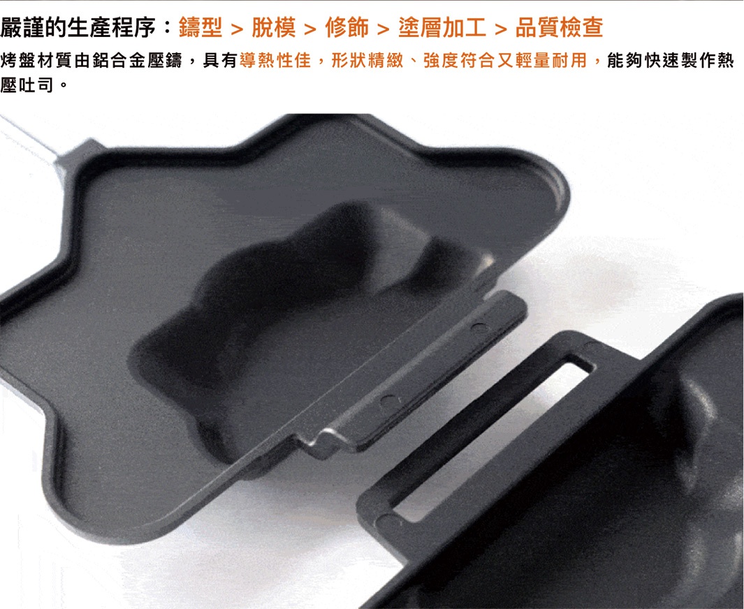 黑色金屬材質的熱壓三明治烤夾，烤盤呈現星形，內部有吐司形狀的壓槽，可快速製作三明治。