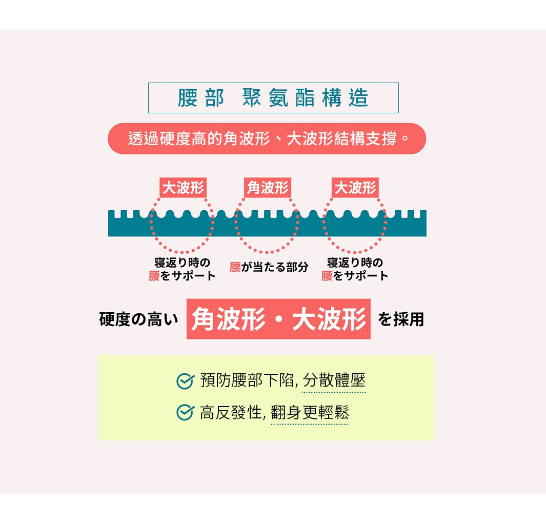 腰部 聚氨酯構造

透過硬度高的角波形、大波形結構支撐。

預防腰部下陷，分散體壓
高反發性，翻身更輕鬆
