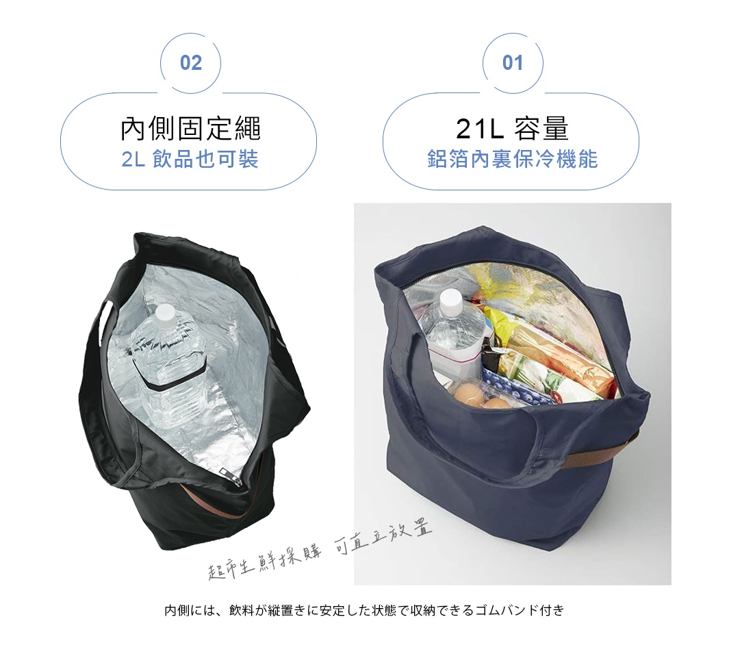 MOTTERU 21L 大容量摺疊保冷袋，內側固定繩可放置2L飲品，設有鉛箔內襯保冷功能，方便收納且可直立放置。