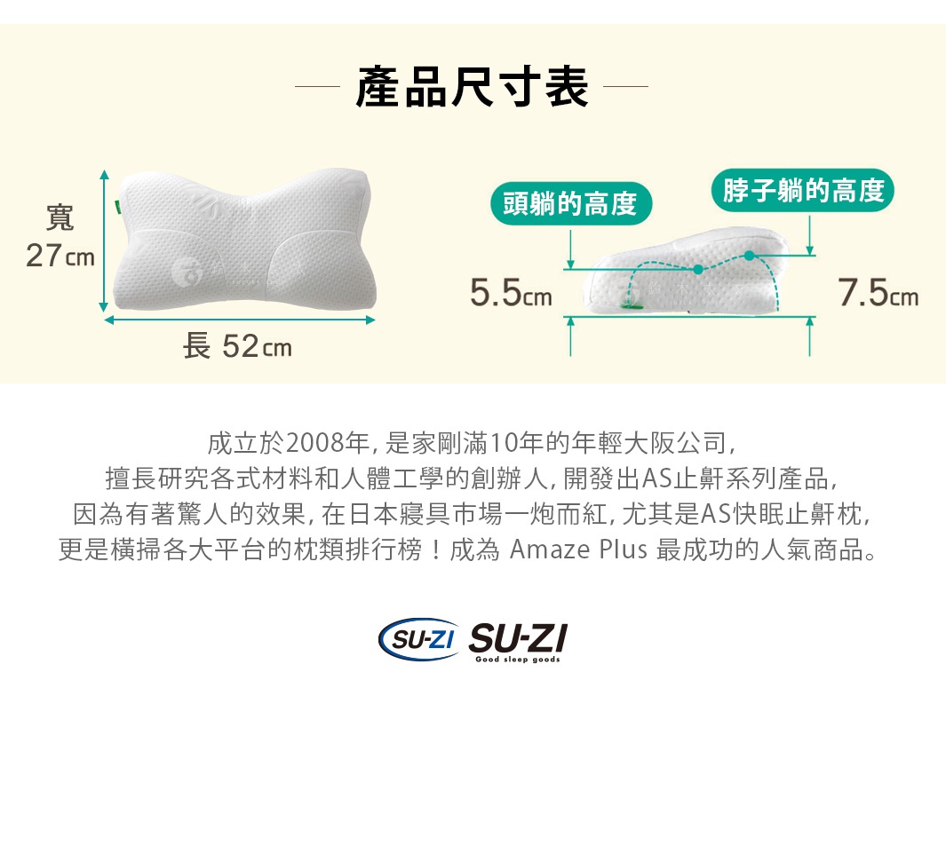 AS快眠止鼾枕，白色，蝶形設計，尺寸標示寬27公分、長52公分，頭頸部高度分別為5.5公分與7.5公分。