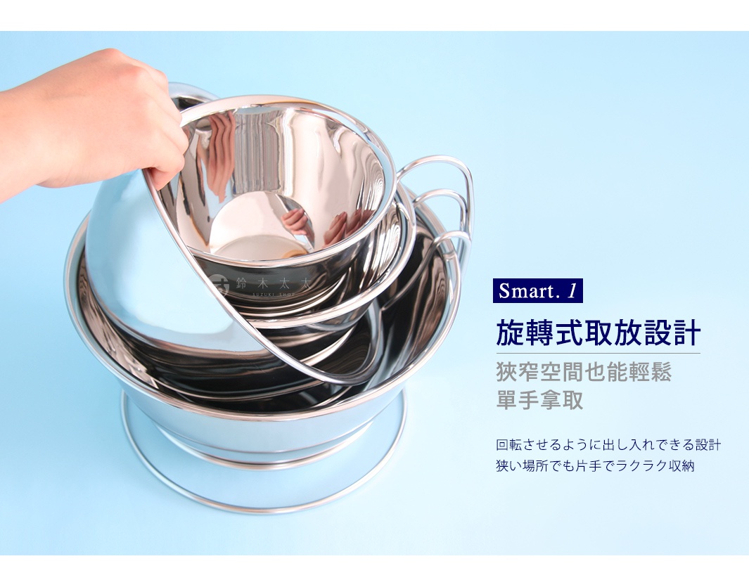 這是一張俯視角度的圖片，展示了一組不鏽鋼調理碗與其專屬收納架。畫面中有一隻手正將一個不鏽鋼碗旋轉取出，呈現出該系列產品採用旋轉式取放設計的特點，即便在狹窄的廚房空間也能單手輕鬆拿取與收納。圖片右側標註有旋轉式取放設計的說明文字，強調產品使用的便利性。