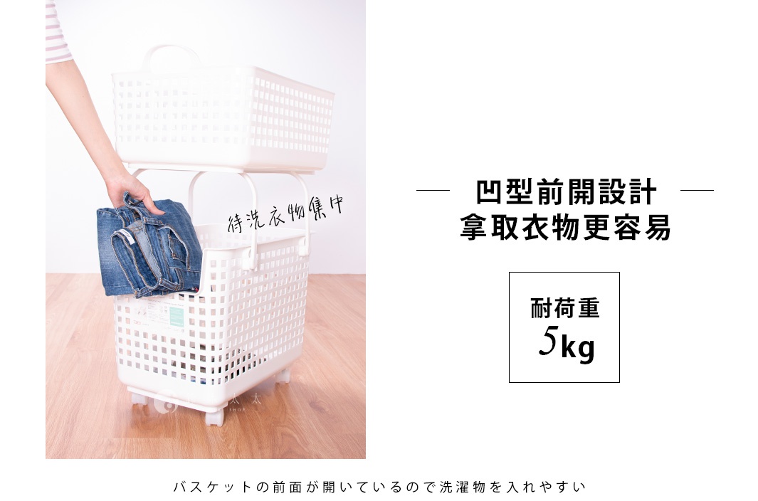 一個人的手正在將牛仔褲放入堆疊的白色洗衣籃底部，洗衣籃前開方便拿取衣物，上方印有日文。